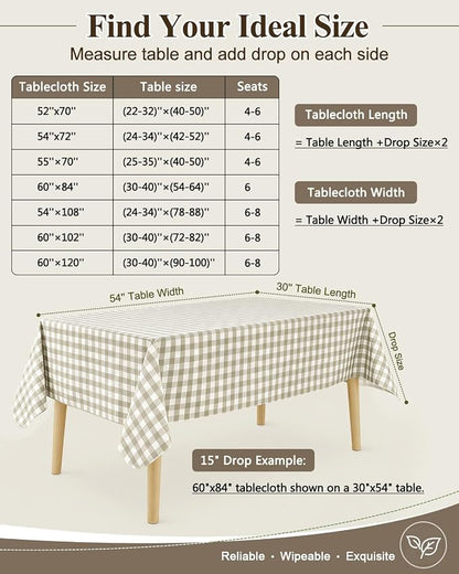 Seenus Khaki Gingham Flannel Backed Tablecloth for Cottage Farmhouse Decor, Waterproof & Easy Clean Checkered Table Cloth for Summer BBQ, Outdoor Picnic & Family Party, 60 x 84 Inch
