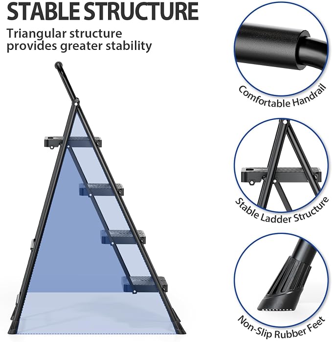 KINGRACK 4 Step Ladder, Folding Step Stool with Anti-Slip Pedals | Heavy Sturdy Steel ladder with Handrail, Safe-Lock Design, Multi-Purpose, Home, Kitchen, Pass 500lbs Load Testing, Black
