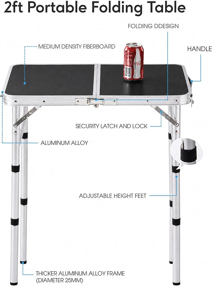 Folding Table Small, 24''L x16''W Camp Aluminum Table with Adjustable Height Legs, Indoor Outdoor Lightweight Portable Folding Aluminum Dining Table for Picnic Camping 2-Feet Black（10"/19"/27）