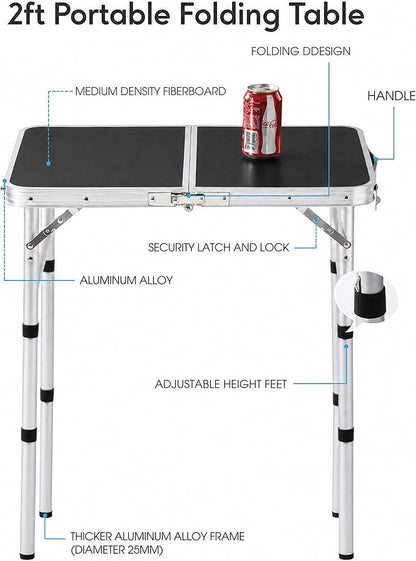 Folding Table Small, 24''L x16''W Camp Aluminum Table with Adjustable Height Legs, Indoor Outdoor Lightweight Portable Folding Aluminum Dining Table for Picnic Camping 2-Feet Black（10"/19"/27）