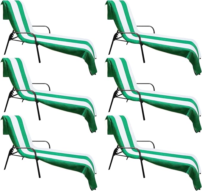 Superior Cabana Cotton Lounge Chair Cover, Outdoor Towel/Chaise Furniture Covers, Terry Cloth, Beach, Spa, Swim Accessories, Pool Chair Cover, Soft, Quick Drying, 32" x 102", Set of 6, Dark Green