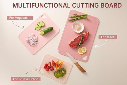 THETCHRY Plastic Cutting Board Set, Pink Cutting Board with Non-slip, Cutting Board for Kitchen Set of 3, Dishwasher Safe, BPA Free, Reversible, with Grip Handle, Pink