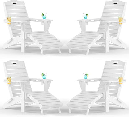 Adjustable Adirondack Chairs Set of 4 with Retractable Ottoman, HDPE Folding Adirondack Chair with Cup Holders, Weather Resistant for Backyard, Poolside & Fire Pit (White)