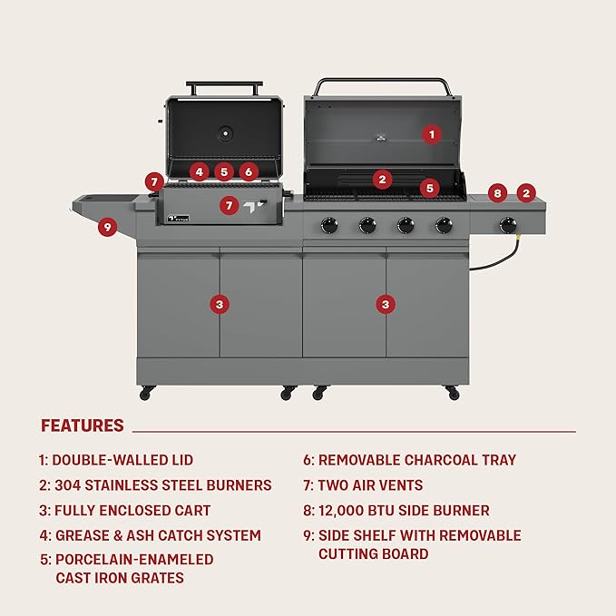 Tytus Anaheim 4-Burner Gas Grill with Prep Cart and Charcoal Grill + Cover - Modular Outdoor Kitchen, Quick Assembly, Outdoor Cooking, Kitchen Island for BBQ