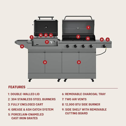 Tytus Anaheim 4-Burner Gas Grill with Prep Cart and Charcoal Grill + Cover - Modular Outdoor Kitchen, Quick Assembly, Outdoor Cooking, Kitchen Island for BBQ