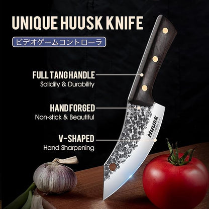 Huusk Japanese Mini Cleaver Knife, Small Meat Knives with Sheath, Unique Caveman Knives, Hand Forged Full Tang Chef Viking Knife for Fishing, Outdoor Camping, BBQ, Gift for Men and Women