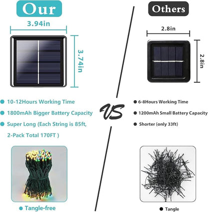 Solar Christmas lights Outdoor 2 Pack 480 LED Warm White to Multicolor | 170FT, 8 Lighting Modes, Memory Function, Auto On/Off, Waterproof Twinkle Lights for Outside Roof Porch Patios Balcony Decor
