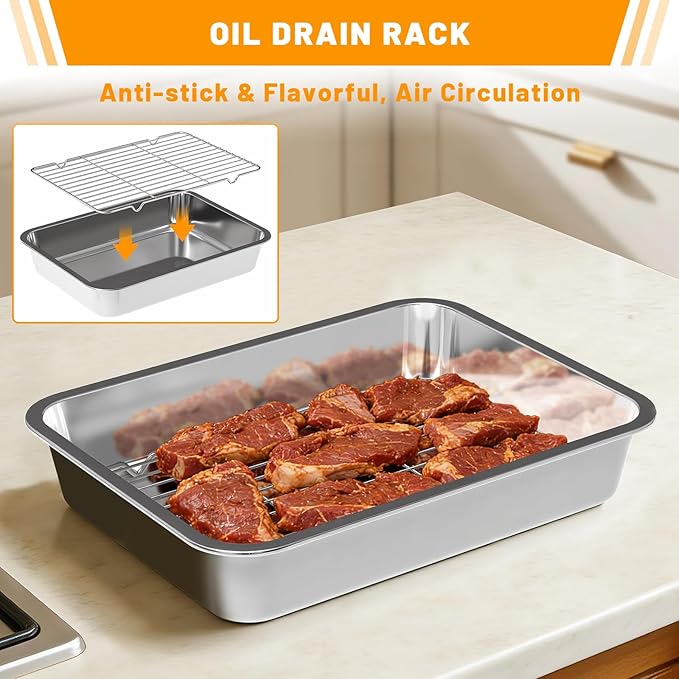 Grilling Prep and Serve Trays with Oil Drain Rack, Stainless Steel Grilling Prep and Serve Tray, Marinade Container with Lid, Oil Drain Rack, Cutting Board, BBQ Grill Accessories