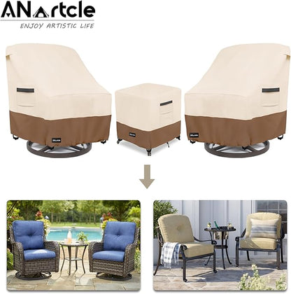 ANartcle 3 Pieces Patio Bistro Sets Cover,600D Waterproof Heavy Duty Patio Furniture Covers,Includes 2 Outdoor Swivel Chair Covers and 1 Patio Wicker Side Table Cover(Beige&Brown)