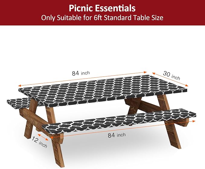 7ft 84in Picnic Table and Bench Cover, 3 Pack, Black-White Moroccan | Drawstring Bag, Waterproof Windproof, Elastic Fitted Edges Tablecloth, for Rectangle Table & Seat, Camping Essentials RV Gear
