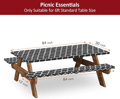 7ft 84in Picnic Table and Bench Cover, 3 Pack, Black-White Moroccan | Drawstring Bag, Waterproof Windproof, Elastic Fitted Edges Tablecloth, for Rectangle Table & Seat, Camping Essentials RV Gear