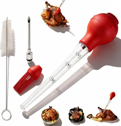 Turkey Baster with Cleaning Brush, Meat Injector Syringe with Detachable Silicone Bulb, 304 Stainless Steel Needle and Basting Brush for Roasting Chicken, 22ml Capacity (Red)