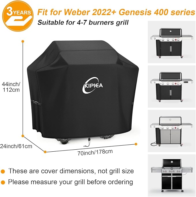 Kipiea 600D Heavy Duty Gas Grill Cover for Weber 2022+ Genesis 400 Series & Pre-2024 Summit 400 Grills, 70-Inch Waterproof BBQ Cover with Windproof Buckles – Not Compatible with Summit FS38 / FS38X
