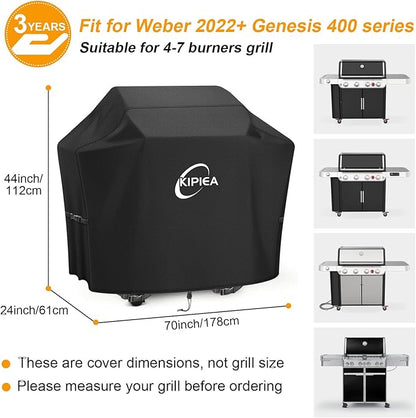 Kipiea 600D Heavy Duty Gas Grill Cover for Weber 2022+ Genesis 400 Series & Pre-2024 Summit 400 Grills, 70-Inch Waterproof BBQ Cover with Windproof Buckles – Not Compatible with Summit FS38 / FS38X