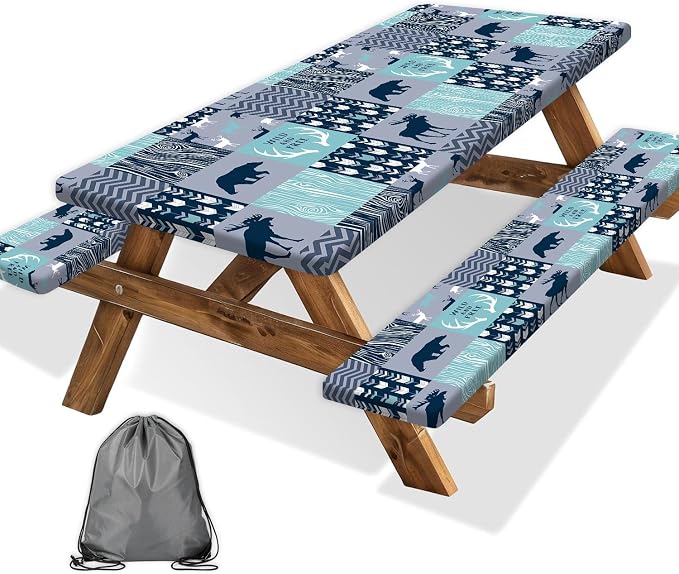 Picnic Table Cover with Bench Covers, Camping Essentials, Rustic Cabin Deer Bear Stripes Waterproof Windproof Patio Table Cover, Fitted Tablecloth Cover with Elastic Edge for Outdoor 3 PCS 30x72 Inch