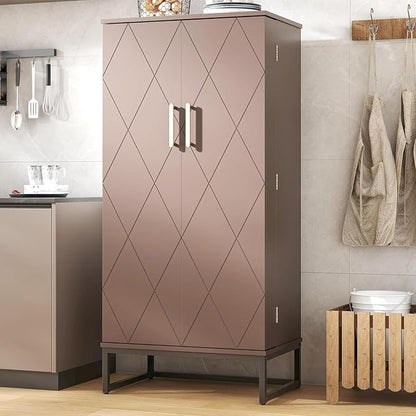 kepptory 51" Pantry Cabinet with Diamond-Patterned Doors and Golden Handles, Freestanding Kitchen Storage Cabinet with 17 Shelves, Tall Metal Base, Adjustable Feet, Grey (Brown, 16"D x 24"W x 51"H)