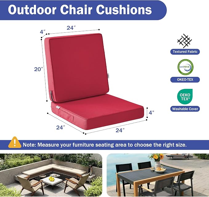 IPYNBAP Outdoor Cushions, Outdoor Chair Cushions 24x24x4 Inch, Cushions for Outdoor Furniture with Removable Cover, Waterproof & Fade Resistant Outdoor Seat Cushions for Patio, Lawn, Burgundy