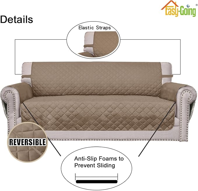 Easy-Going 4 Seater Sofa Slipcover Reversible Sofa Cover Water Resistant Couch Cover with Foam Sticks Elastic Straps Furniture Protector for Pets Children Dog Cat (XX-Large, Beige/Beige) | XX-Large Sofa, Washable Slipcover For Dogs, Water Resistant Mat...