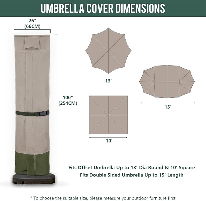 Rachmi 600D Patio Cantilever Offset Umbrella Cover 9-13 Ft, Khaki-Green | Water-resistant, UV & fade-proof cover, Fits round or square outdoor garden parasol, Includes zipper, rod, storage bag