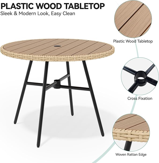 YITAHOME 5-Piece Outdoor Dining Table Set for 4, Rattan Patio Furniture Set with 4 Armchairs, Patio Table and Chairs Set with Plastic Wood Tabletop for Deck, Backyard, Black