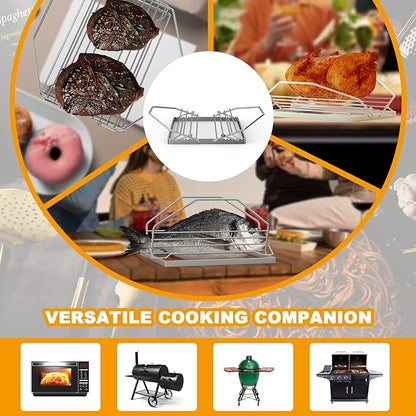 BBQ-PLUS Adjustable Turkey Roasting Rack for Smoker Grill and Oven, V Shaped Chicken Roasting Stand for Outdoor Indoor Grilling, Must-Have Smoker Accessories, Stainless Steel