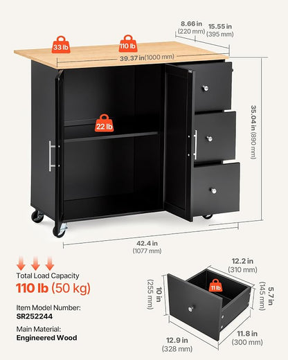 VEVOR Kitchen Island Cart with Storage, 42.4 in Wide Mobile Rolling Storage Island on Swivel Wheels, with 3 Drawers, Storage Cabinet, Drop Leaf, Towel Rack, Table for Home Dining Room, Black