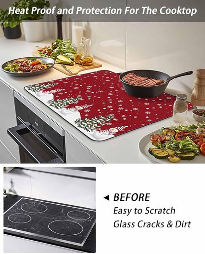 Stove Top Covers for Electric Stove 24x21 Inches, Red Christmas Snowman HeatResistant Glass Cooktop Protector, Winter Xmas Snowflake Ceramic Stovetop Countertop Covers Christmas Tree Mat, Oven Cover