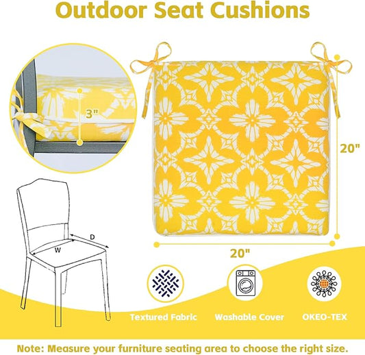 COZYVIDA Outdoor Chair Cushions Set of 4, 20"x20" Square Seat Pads with Tie Straps and YKK Zippers, 30D High-Density Foam, Water-Resistant Fabric,UV-Resistant 1000+ Hrs