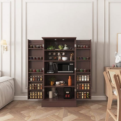 kepptory 47” Pantry Cabinet, Kitchen Pantry Storage Cabinet with Doors & Adjustable Shelves, Brown Freestanding Buffet Cupboards Sideboard for Living Room and Dinning Room, Sturdy and Durable