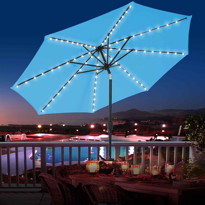 Sundale Outdoor 80 LED 9 FT Solar Patio Umbrella with Base, Blue | Sand Bag Umbrella Base, Tilt, Crank, Solar Lights