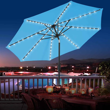 Sundale Outdoor 80 LED 9 FT Solar Patio Umbrella with Base, Blue | Sand Bag Umbrella Base, Tilt, Crank, Solar Lights