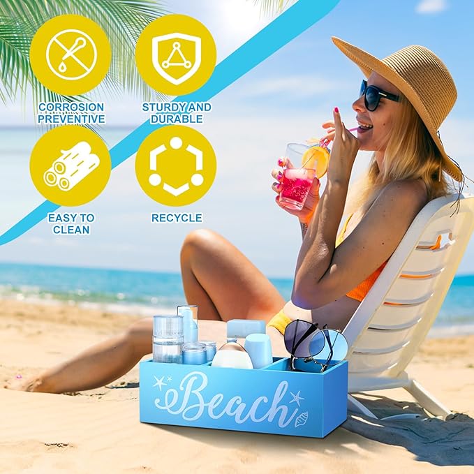 CroBlissful Beach Storage Basket Blue Summer Beach Wooden Box with 3 Compartments Toilet Tank Tray for Indoor Outdoor Swimming Pool Decor Sunblock Sunglasses Pool Toy Storage Box