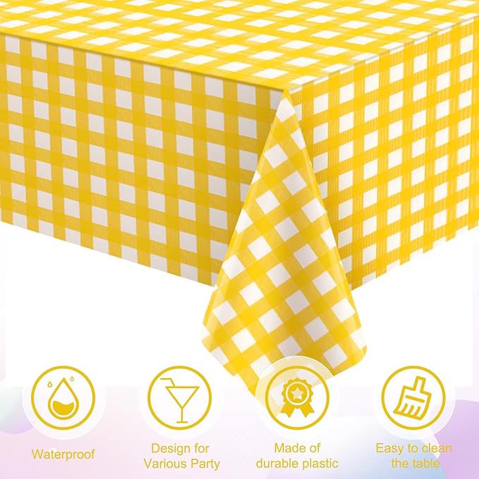 3 Pcs Yellow Gingham Tablecloths, Checkered Party Table Covers 54x108 Inch | Yellow and White Checkered Tablecloths, Disposable Waterproof for Summer Picnic Camping Barbecue Birthday Party