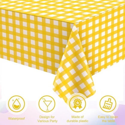 3 Pcs Yellow Gingham Tablecloths, Checkered Party Table Covers 54x108 Inch | Yellow and White Checkered Tablecloths, Disposable Waterproof for Summer Picnic Camping Barbecue Birthday Party