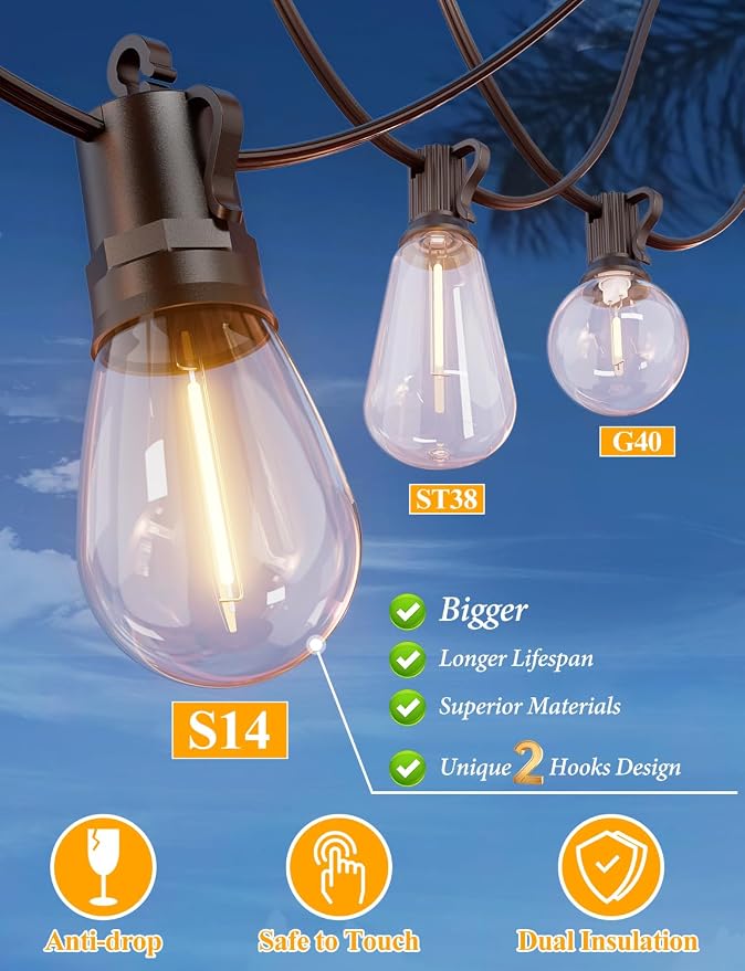 Brightever 150FT LED Outdoor String Lights for Patio Decor | Outside Hanging Lights with 47 Shatterproof S14 Vintage Edison Bulbs(2 Spare), Waterproof 2700K Dimmable