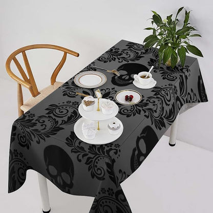 Gothic Black Damask Tablecloth, Vintage Floral Exotic Suger Skull Bohemian Antique Victorian Table Cloth Water Resistant Table Cover for Farmhouse Party Holiday Kitchen Dinner Table 60x110"