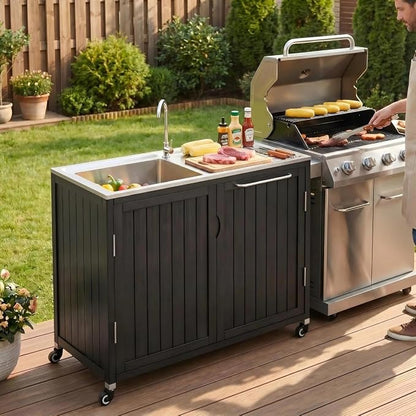 Outdoor Kitchen Island with 304 Stainless Steel Sink and Large Storage Cabinet,40-Inch BBQ Prep Station with Sink & 360 Lockable Wheels for Patio,Solid Wood Grill Cart，Backyard, Outdoor Party, Black
