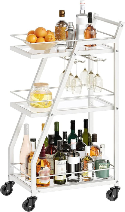 Bar Cart, 3-Tier Home Bar Serving Cart with Wheels, Drink Cart with Glass Holder, Beverage Cart, Rolling Kitchen Cart, for Home, Living Room, Transparent and White BC03WT