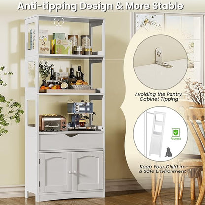 DICTAC Kitchen Pantry Storage Cabinets Freestanding Tall Bathroom Cabinet with Shelves and Drawer 64''H Sideboard Microwave Space Cupboard Organizer for Home Office,White, 23.62x13x64.06inch | Freestanding