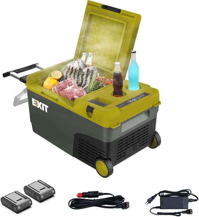 EXIT 20V Outdoor mini refrigerator EX100, battery powered electric cooler -4°F to 68°F, 12/24V DC 100~240 Volt AC for Outside Camping, Tailgating, Includes two Replaceable 4.0 Ah Batteries | Portable Electric Cooler 12V/24V & 100-240V, Battery Powered ...