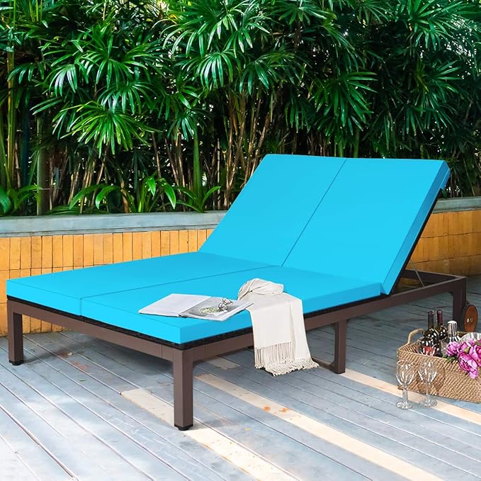 Tangkula 2-Person Patio Lounge Chair, Outdoor Rattan Double Wicker Daybed Chaise Lounge Chair with Adjustable Backrest Wheels & Cushion, Patio Sofa for Garden Lawn Backyard (Turquoise)