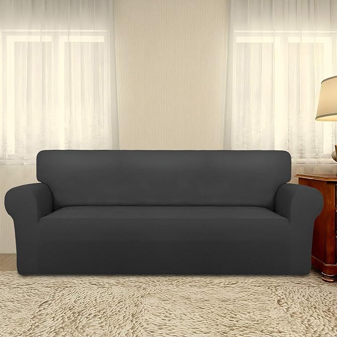 PureFit Stretch Couch Covers for Sofa Large Sofa Slipcovers Dark Gray | 1-Piece Spandex Couch cover Soft Couch protector, Sofa cover Washable with Non Skid Foam and Elastic Bottom for Kids, Dogs
