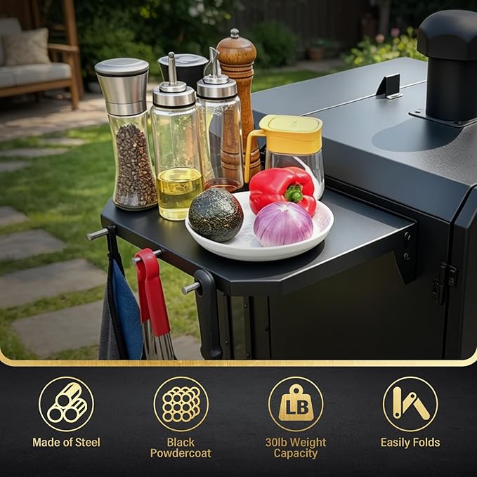 Side Shelf for Pit Boss PBV4PS2 PBV4PS1 Pro Series II 4 Vertical Pellet Smoker Shelf for Pit Boss 10739 1077 Smoker Accessories Foldable Grill Side Table BBQ Prep with Hooks