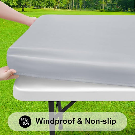 Smiry Rectangle Tablecloth, Elastic Fitted Flannel Backed Vinyl Tablecloths for 8ft Folding Tables, Waterproof Wipeable Table Covers for Indoor, Outdoor, Picnic and Camping (Light Grey, 30"x96")