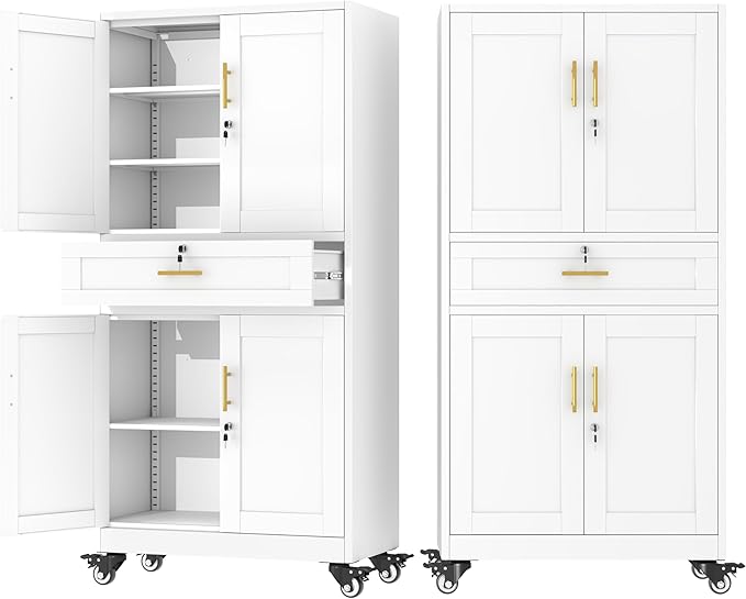 71" Metal Garage Storage Cabinet with Wheels and Locking Doors and Tall Rolling Steel Tool Cabinet with 3 Adjustable Shelves for Garage,Home,Office,Shop (White, 71" H x 35.43W x 15.74" D)