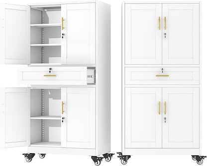 71" Metal Garage Storage Cabinet with Wheels and Locking Doors and Tall Rolling Steel Tool Cabinet with 3 Adjustable Shelves for Garage,Home,Office,Shop (White, 71" H x 35.43W x 15.74" D)