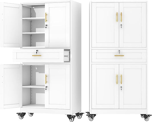 71" Metal Garage Storage Cabinet with Wheels and Locking Doors and Tall Rolling Steel Tool Cabinet with 3 Adjustable Shelves for Garage,Home,Office,Shop (White, 71" H x 35.43W x 15.74" D)