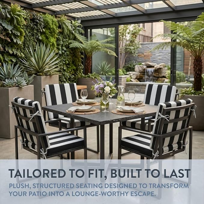 California Umbrella Outdoor Dining Chair, Set of 4 Patio Seat Cushions, 20 x 40 Inch, Premium Outdoor Memory Foam, Fade Resistant, Sunbrella Fabric, Fabric Ties, Cabana Classic