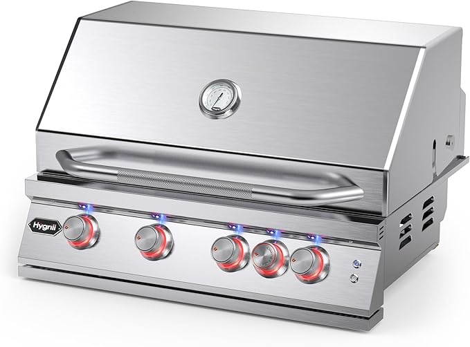 Hygrill Premium XTR 32-Inch Built In Grill, Stainless Steel 4-Burner Grill Head for Outdoor Kitchen with Rear Infrared Burner and LED Lights, Liquid Propane