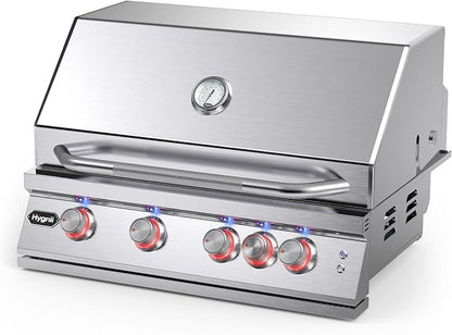 Hygrill Premium XTR 32-Inch Built In Grill, Stainless Steel 4-Burner Grill Head for Outdoor Kitchen with Rear Infrared Burner and LED Lights, Liquid Propane
